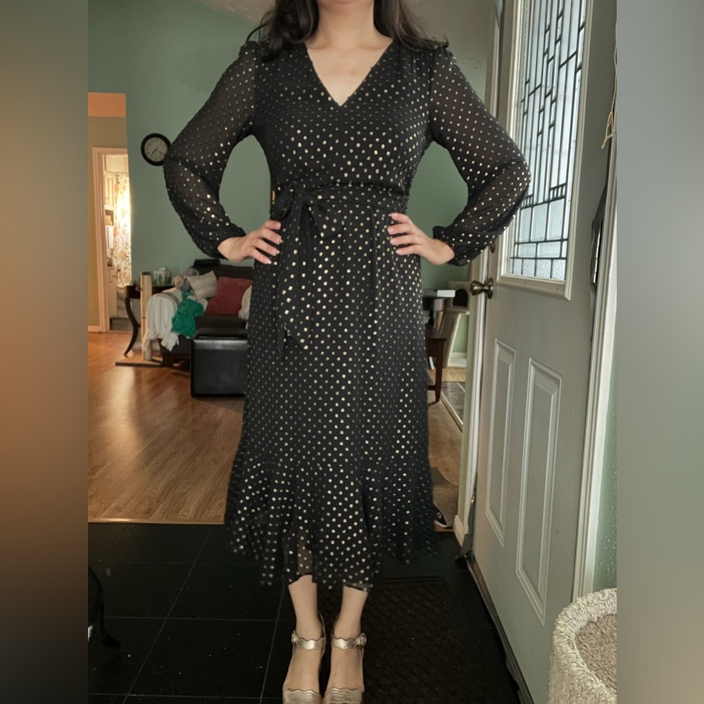 J.Crew Black and Gold Polka Dots Midi Dress